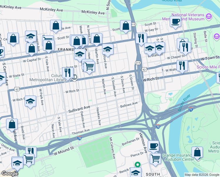 map of restaurants, bars, coffee shops, grocery stores, and more near 267 South Souder Avenue in Columbus