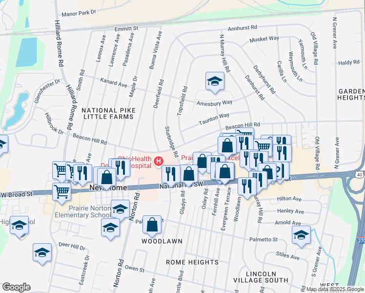 map of restaurants, bars, coffee shops, grocery stores, and more near 90 Sturbridge Road in Columbus