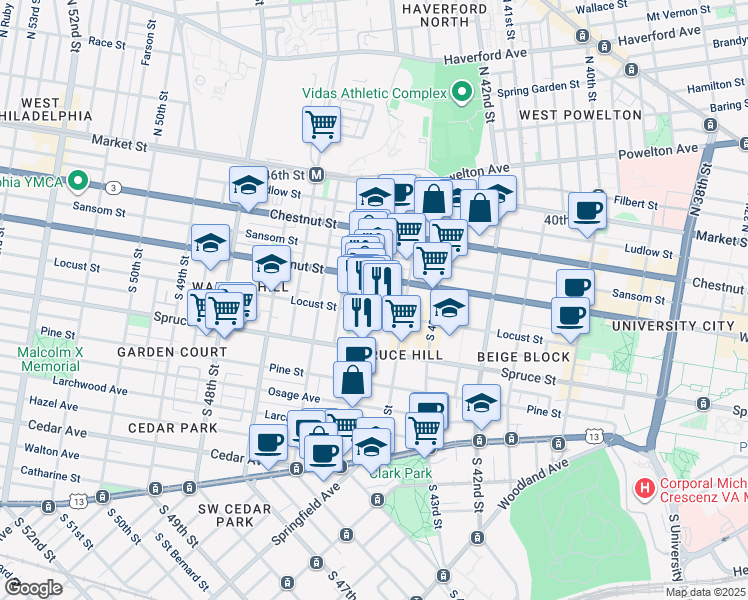 map of restaurants, bars, coffee shops, grocery stores, and more near 215 South 45th Street in Philadelphia