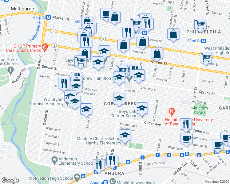 map of restaurants, bars, coffee shops, grocery stores, and more near 5731 Osage Avenue in Philadelphia