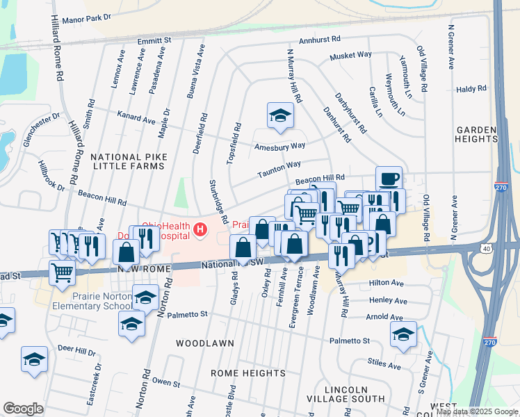 map of restaurants, bars, coffee shops, grocery stores, and more near 4968 Eastham Way in Columbus