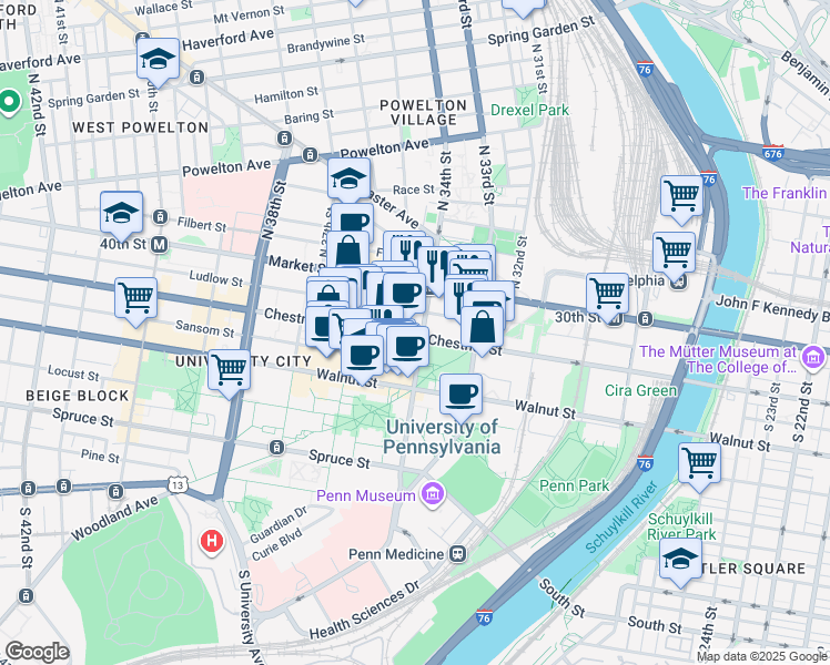 map of restaurants, bars, coffee shops, grocery stores, and more near 3400 Chestnut Street in Philadelphia