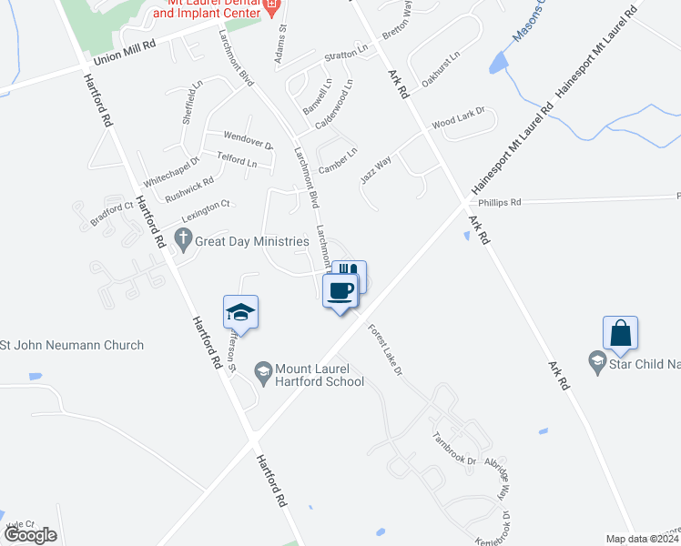 map of restaurants, bars, coffee shops, grocery stores, and more near 1904 Ralston Drive in Mount Laurel