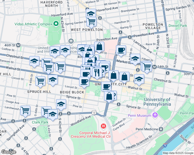 map of restaurants, bars, coffee shops, grocery stores, and more near 3924 Sansom Street in Philadelphia