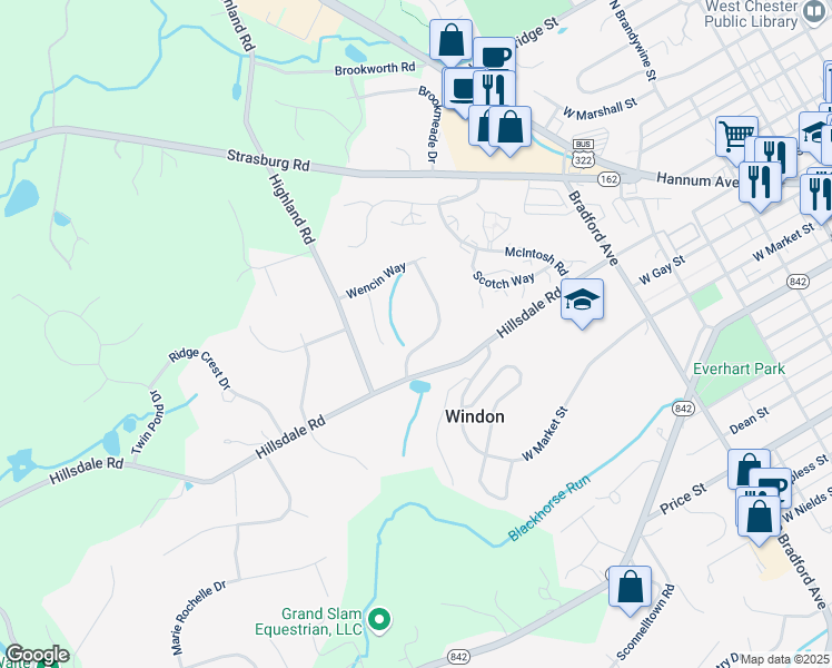 map of restaurants, bars, coffee shops, grocery stores, and more near 204 Wencin Way in West Chester
