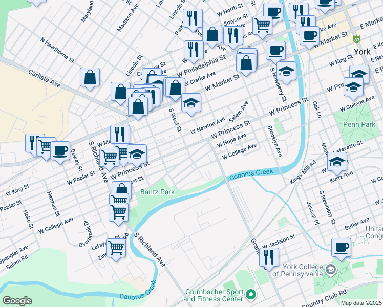 map of restaurants, bars, coffee shops, grocery stores, and more near 217 South West Street in York