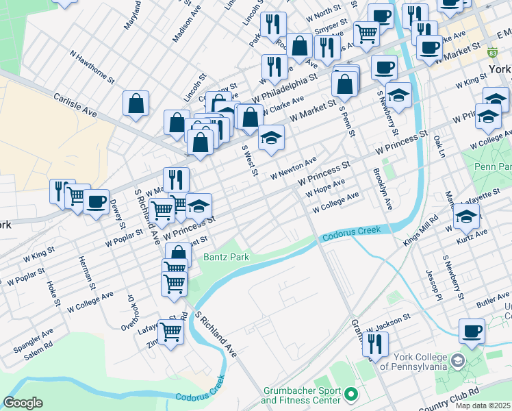 map of restaurants, bars, coffee shops, grocery stores, and more near 620 West Princess Street in York