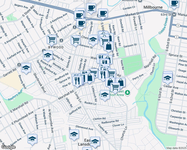 map of restaurants, bars, coffee shops, grocery stores, and more near 338 Maypole Road in Upper Darby
