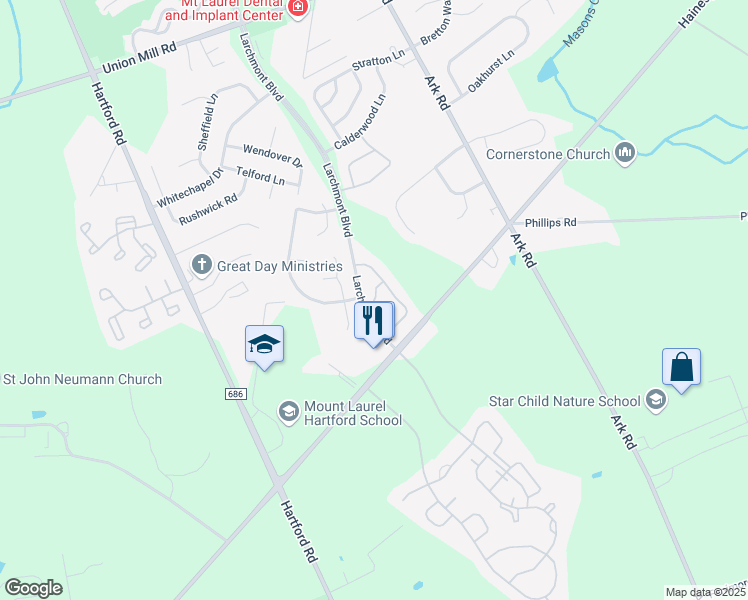 map of restaurants, bars, coffee shops, grocery stores, and more near 1904 Ralston Drive in Mount Laurel Township
