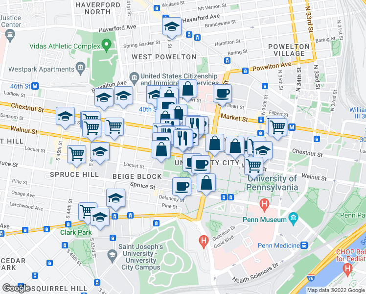 map of restaurants, bars, coffee shops, grocery stores, and more near 3926 Sansom Street in Philadelphia