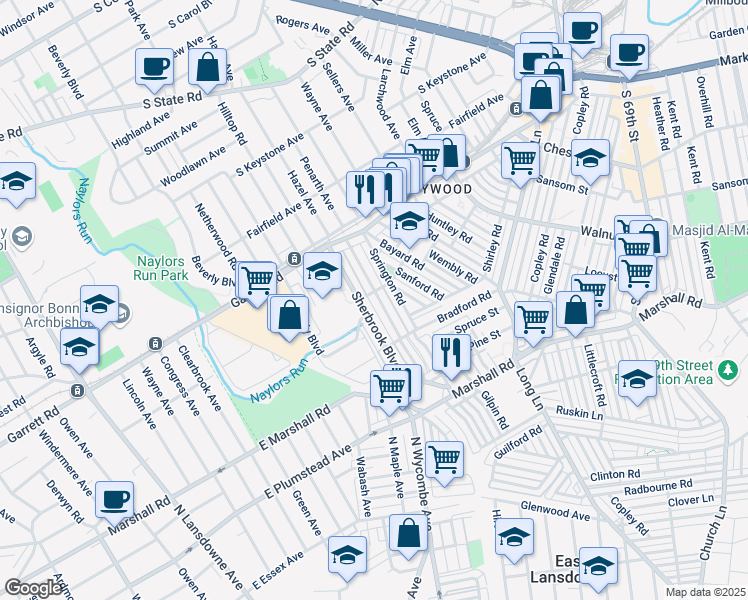 map of restaurants, bars, coffee shops, grocery stores, and more near 245 Sherbrook Boulevard in Delaware County