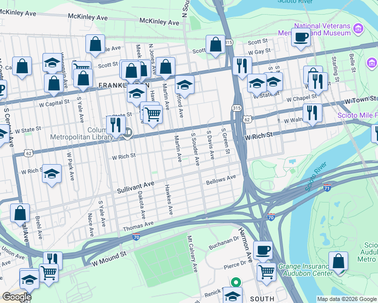 map of restaurants, bars, coffee shops, grocery stores, and more near 267 South Souder Avenue in Columbus
