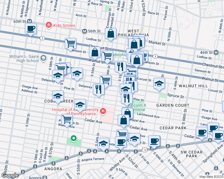 map of restaurants, bars, coffee shops, grocery stores, and more near 5327 Delancey Street in Philadelphia