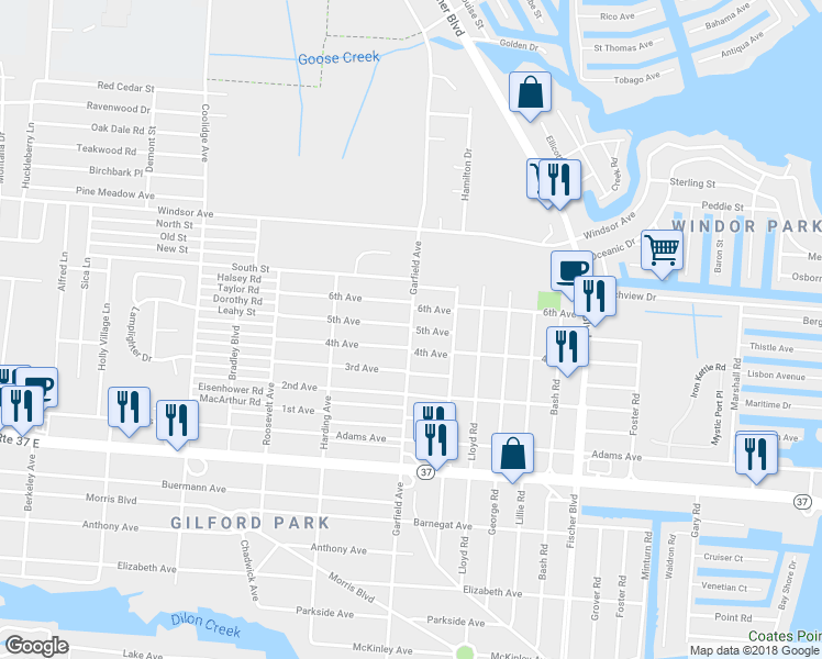 map of restaurants, bars, coffee shops, grocery stores, and more near Garfield Avenue & 5th Avenue in Toms River