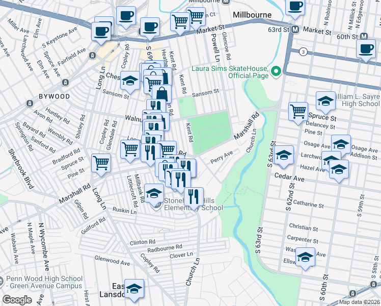 map of restaurants, bars, coffee shops, grocery stores, and more near 400 Kent Road in Delaware County