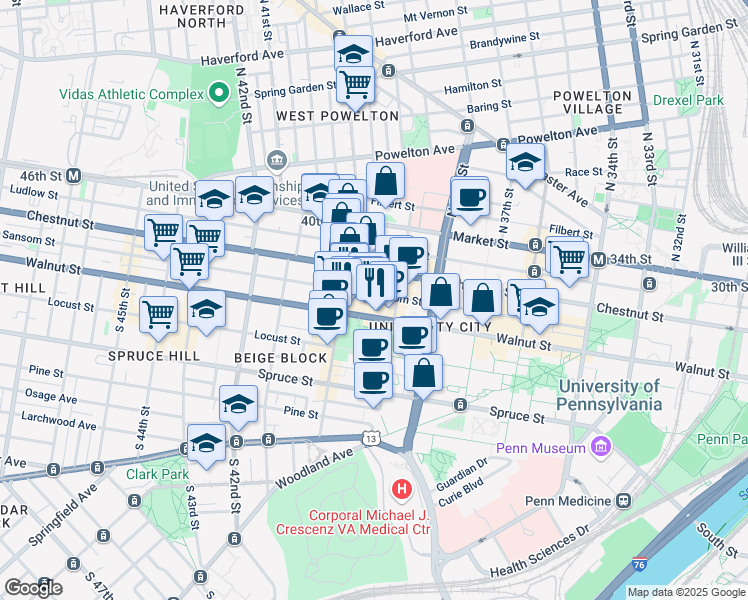 map of restaurants, bars, coffee shops, grocery stores, and more near 3928 Sansom Street in Philadelphia