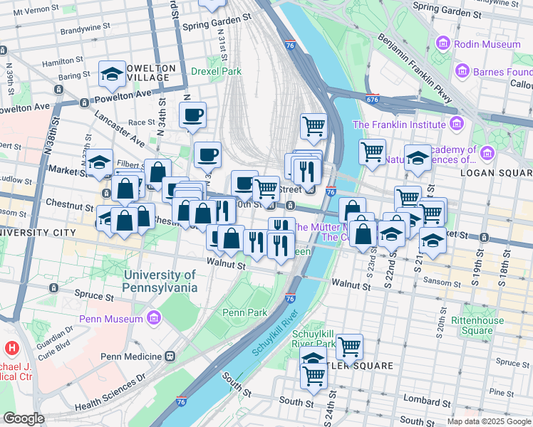 map of restaurants, bars, coffee shops, grocery stores, and more near 3020 Pennsylvania 3 in Philadelphia