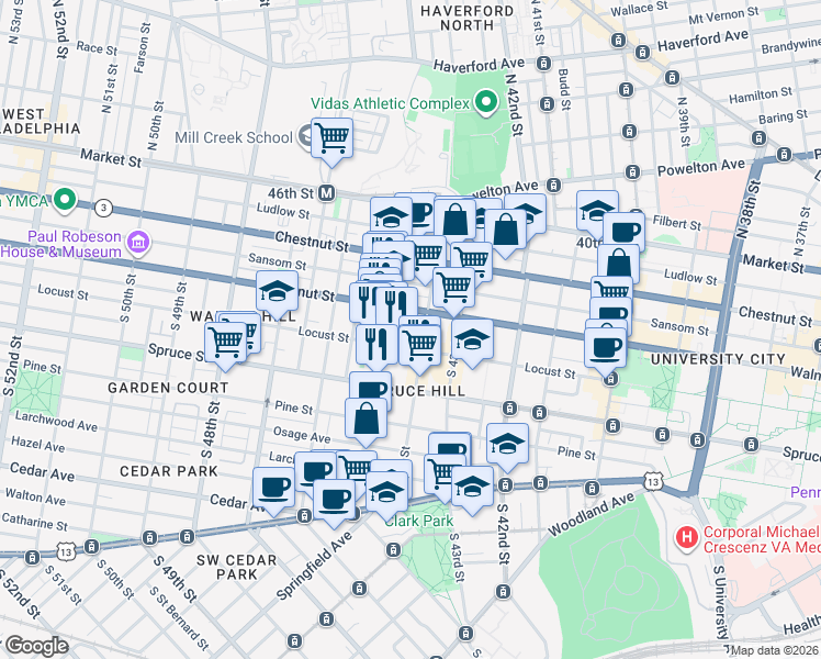 map of restaurants, bars, coffee shops, grocery stores, and more near 223 Buckingham Place in Philadelphia