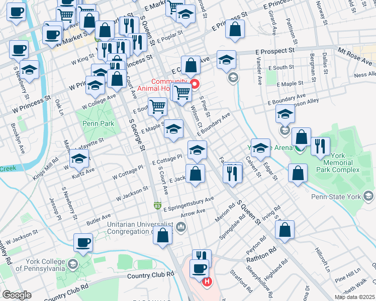 map of restaurants, bars, coffee shops, grocery stores, and more near 120 East Cottage Place in York