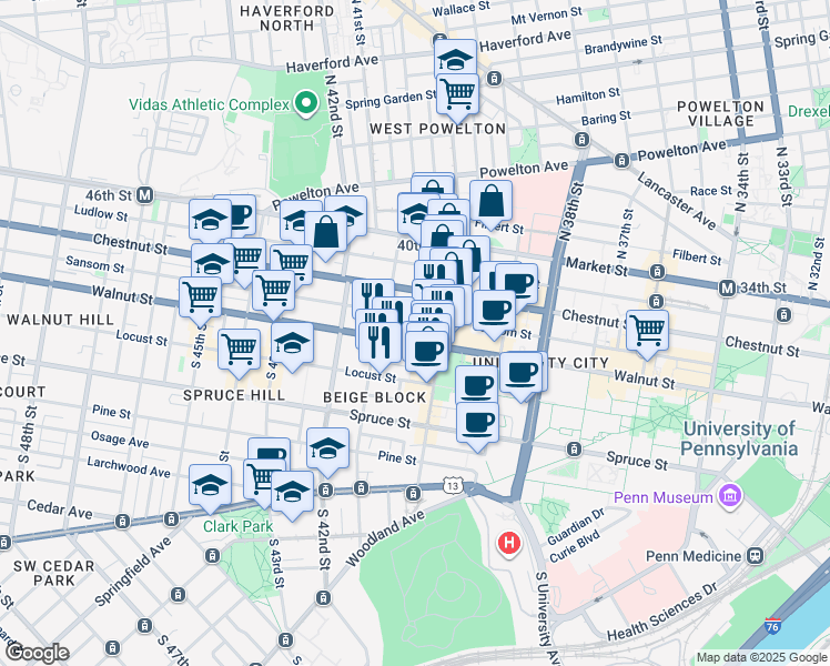 map of restaurants, bars, coffee shops, grocery stores, and more near 4021 Walnut Street in Philadelphia