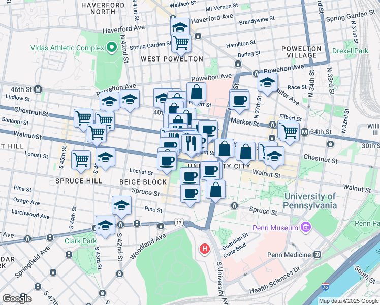 map of restaurants, bars, coffee shops, grocery stores, and more near 3930 Sansom Street in Philadelphia
