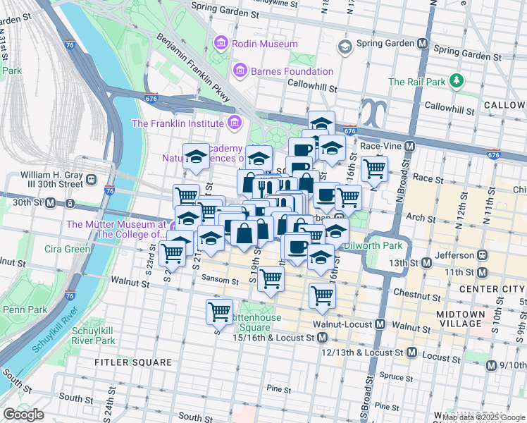 map of restaurants, bars, coffee shops, grocery stores, and more near 1900 John F Kennedy Boulevard in Philadelphia