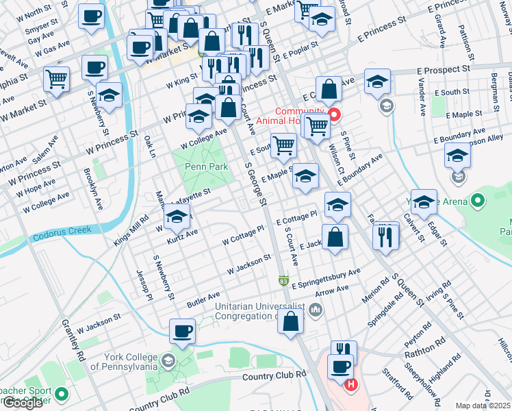 map of restaurants, bars, coffee shops, grocery stores, and more near 540 South George Street in York
