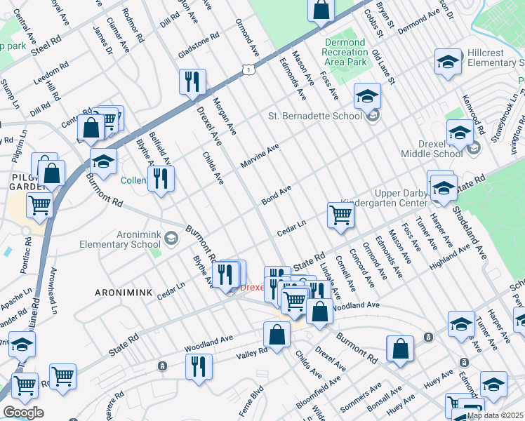 map of restaurants, bars, coffee shops, grocery stores, and more near 931 Drexel Avenue in Drexel Hill