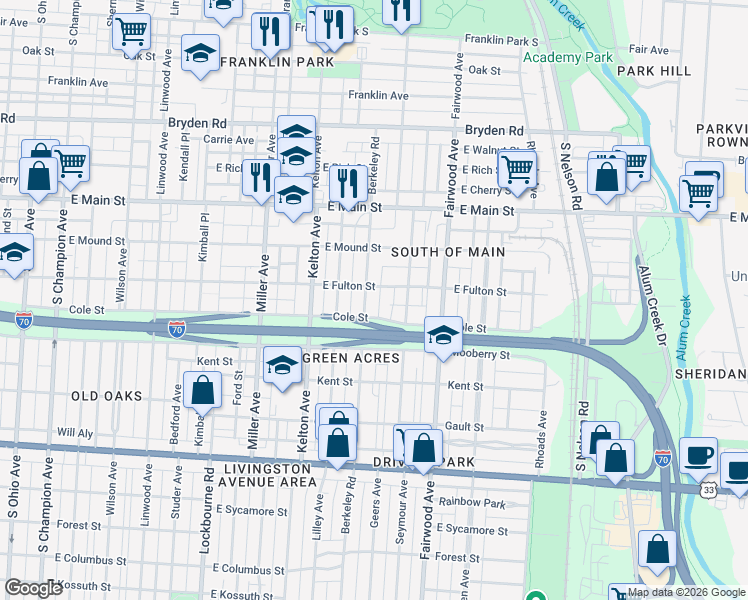 map of restaurants, bars, coffee shops, grocery stores, and more near 626 Berkeley Road in Columbus