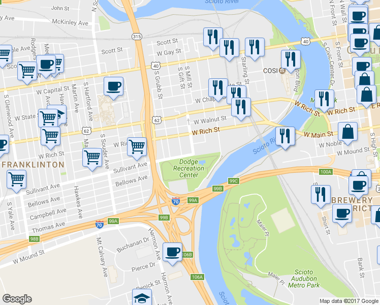 map of restaurants, bars, coffee shops, grocery stores, and more near 545 Sullivant Avenue in Columbus