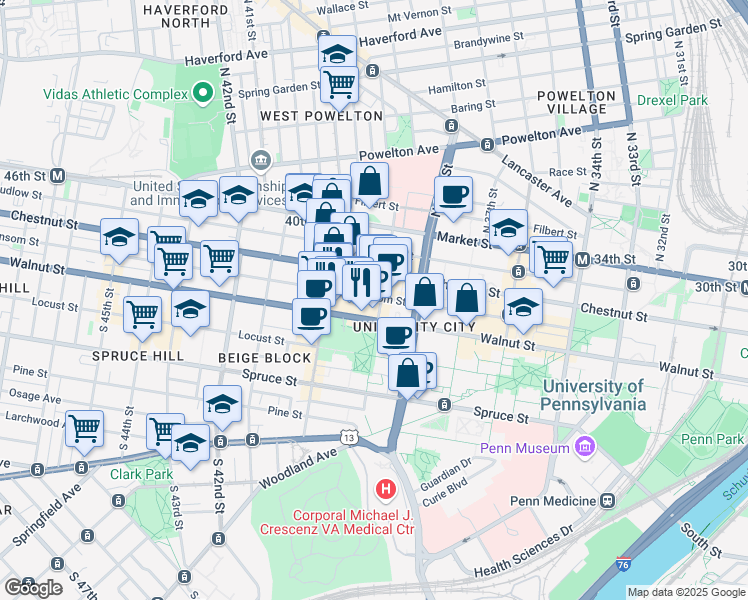 map of restaurants, bars, coffee shops, grocery stores, and more near 122 South 39th Street in Philadelphia