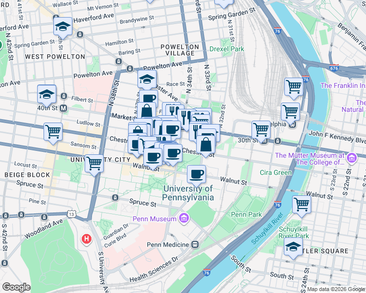 map of restaurants, bars, coffee shops, grocery stores, and more near 3347 Chestnut Street in Philadelphia