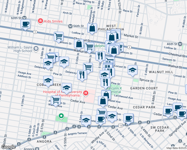 map of restaurants, bars, coffee shops, grocery stores, and more near 5327 Delancey Street in Philadelphia