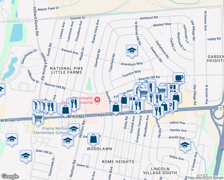 map of restaurants, bars, coffee shops, grocery stores, and more near 5033 Beacon Hill Road in Columbus