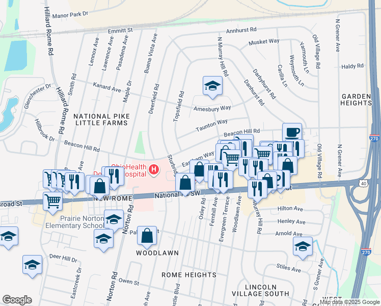 map of restaurants, bars, coffee shops, grocery stores, and more near 4991 Beacon Hill Road in Columbus