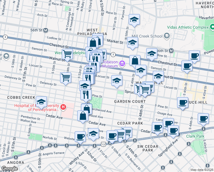map of restaurants, bars, coffee shops, grocery stores, and more near 5036 Spruce Street in Philadelphia