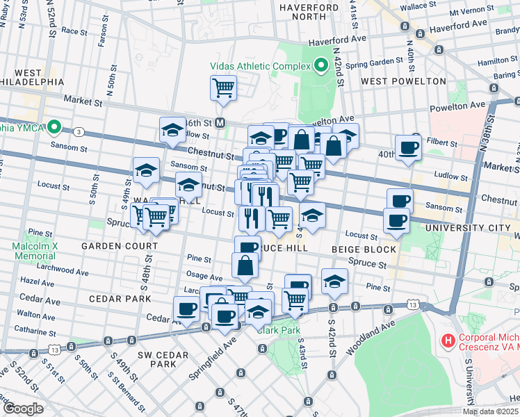 map of restaurants, bars, coffee shops, grocery stores, and more near 215 South 45th Street in Philadelphia
