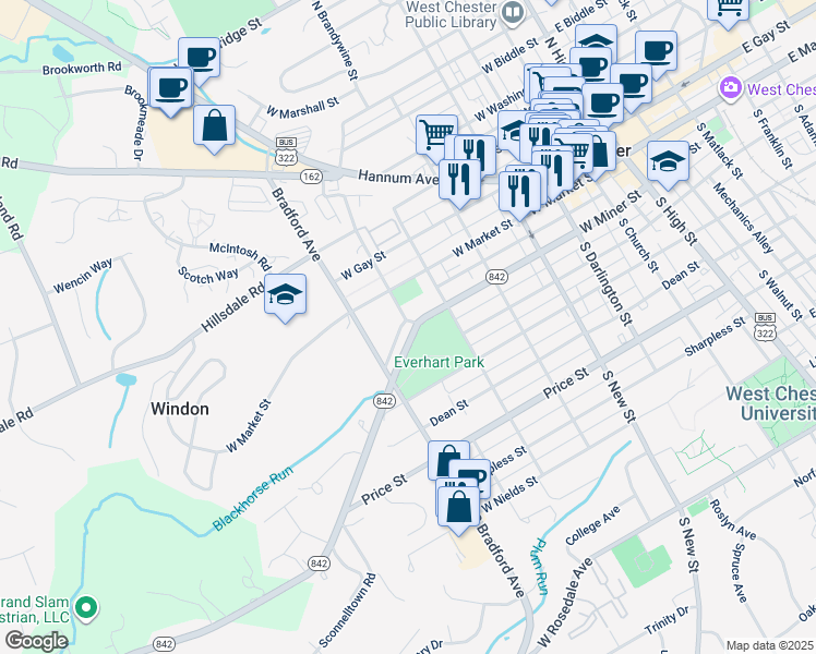 map of restaurants, bars, coffee shops, grocery stores, and more near 601 West Miner Street in West Chester