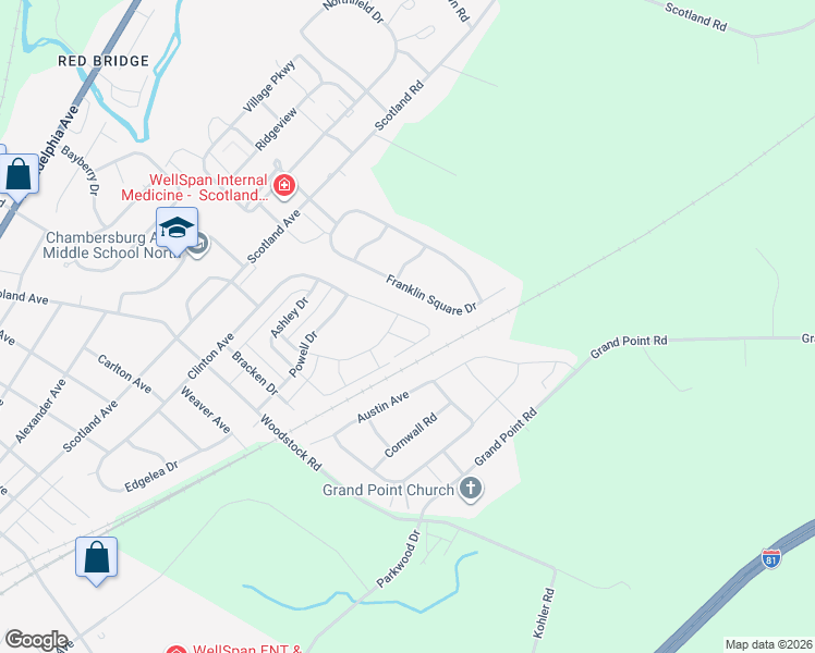 map of restaurants, bars, coffee shops, grocery stores, and more near 770 Bassett Drive in Chambersburg