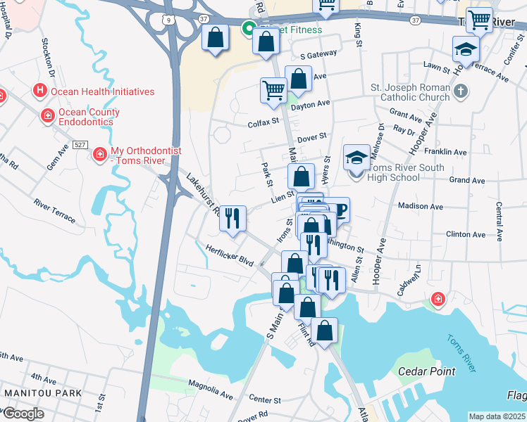 map of restaurants, bars, coffee shops, grocery stores, and more near 40 Snyder Street in Toms River