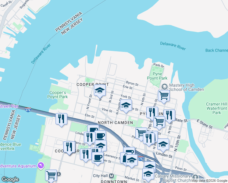 map of restaurants, bars, coffee shops, grocery stores, and more near 832 North 3rd Street in Camden