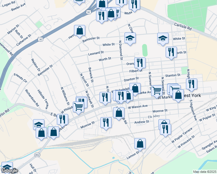 map of restaurants, bars, coffee shops, grocery stores, and more near 151 North Oxford Street in York