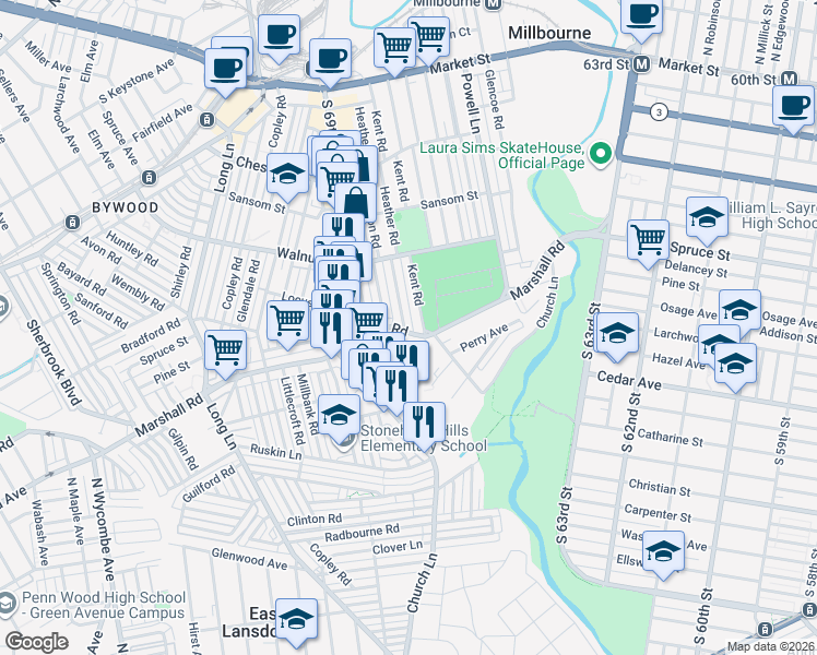 map of restaurants, bars, coffee shops, grocery stores, and more near 400 Kent Road in Delaware County