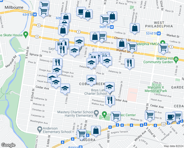 map of restaurants, bars, coffee shops, grocery stores, and more near 406 South 57th Street in Philadelphia
