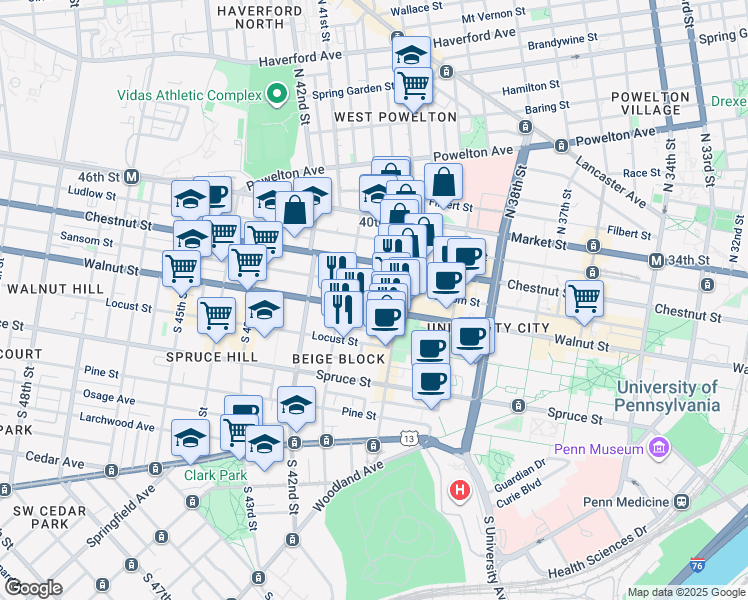 map of restaurants, bars, coffee shops, grocery stores, and more near 4021 Walnut Street in Philadelphia