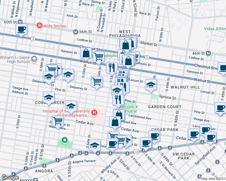 map of restaurants, bars, coffee shops, grocery stores, and more near 5242 Spruce Street in Philadelphia