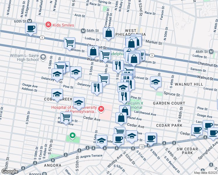 map of restaurants, bars, coffee shops, grocery stores, and more near 5333 Delancey Street in Philadelphia