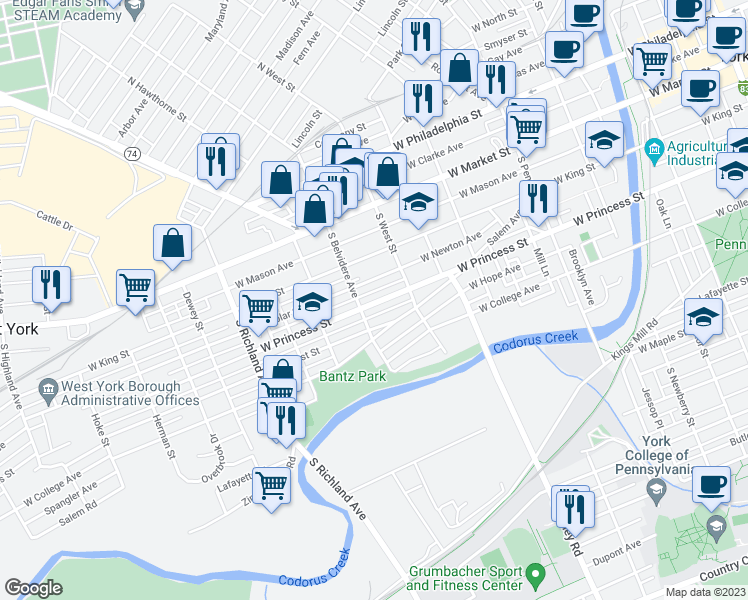 map of restaurants, bars, coffee shops, grocery stores, and more near 651 West Princess Street in York