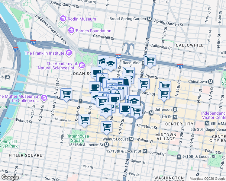 map of restaurants, bars, coffee shops, grocery stores, and more near 1617 John F Kennedy Boulevard in Philadelphia