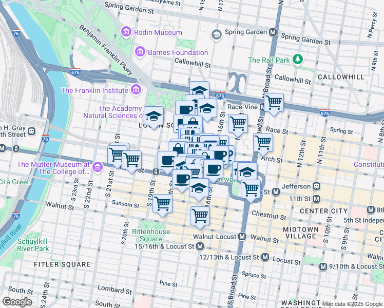 map of restaurants, bars, coffee shops, grocery stores, and more near 1701 John F Kennedy Boulevard in Philadelphia